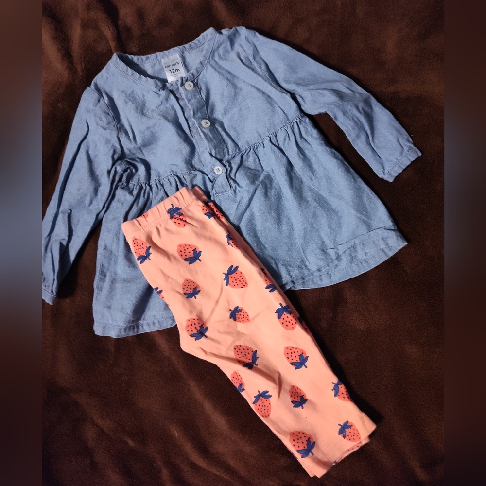 Girls denim long sleeve shirt outfit with printed strawberry leggings.